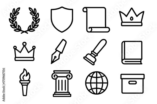 History and education linear icon set. featuring laurel, shield, scroll, crown, pen, book, torch, column, globe, box
