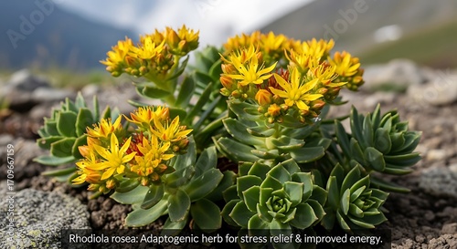 Yellow Flowers of Rhodiola Rosea Plant in Rocky Terrain.