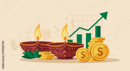 This flat design illustration effectively merges Diwali symbols with business and financial elements, representing prosperity, new beginnings, and growth. A modern vector concept for corporate themes.