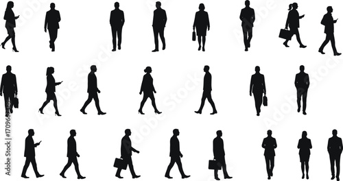 Business people walking silhouettes, professional men and women, urban lifestyle, corporate teamwork, office commute, diverse poses, vector illustration design