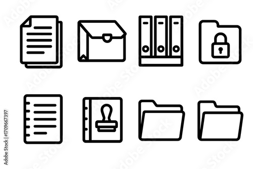Office supplies linear icon set. featuring document, envelope, binder, locked folder, notebook, and directory symbols