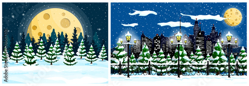 Snowy forest night scene with a huge moon and a city winter vista at night with snow-covered trees and shining street lamp for winter holiday banner.