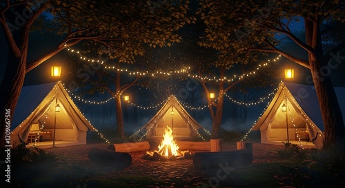 Cozy campsite with tents, campfire, and string lights in a forest at night