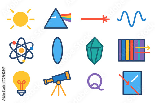 Science and optics flat icon set. featuring sun, prism, light beam, wave, atom, lens, crystal, spectrum, bulb, telescope, magnifier, reflection