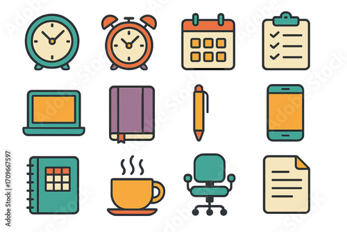 Office supplies linear icon set. featuring clock, calendar, checklist, laptop, notebook, pen, smartphone, chair, coffee, document