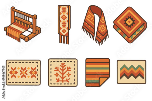 Textile patterns flat icon set. featuring loom, scarf, shawl, folded blanket, patchwork, quilt, and rug symbols