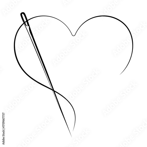 Black sewing needle and heart sign, symbol for sewing and cutting