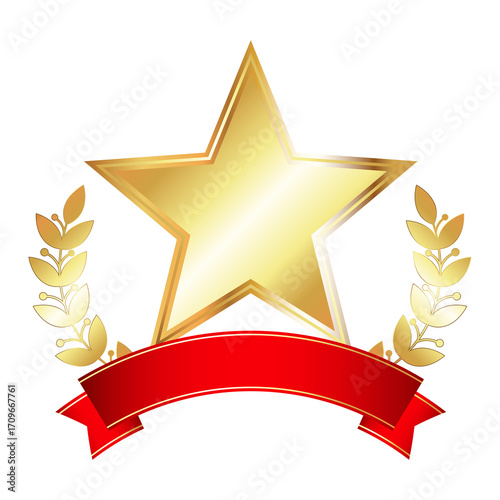 Gold five-pointed star in a round wreath of leaves and a red ribbon