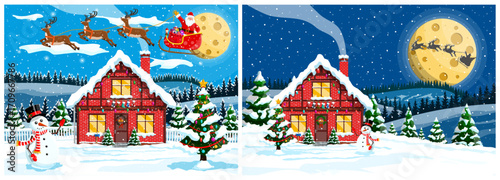 Flat vector illustration of Christmas Eve winter landscape with decorated house, snowman, Santa Claus with deer in sleigh and full moon for greeting card on New Year.