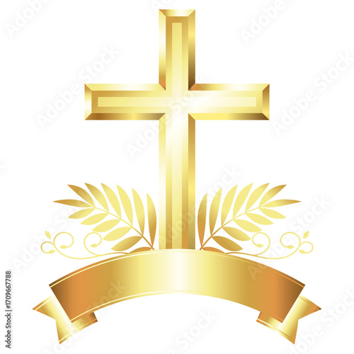 Golden Christian cross with ribbon and plant branches