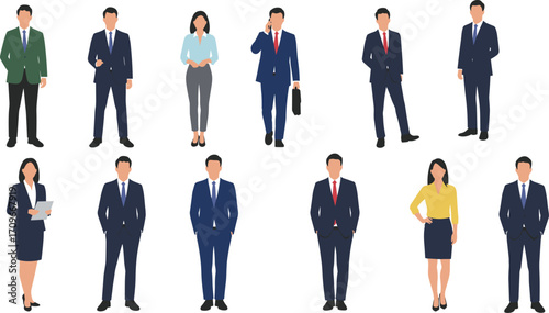Business professionals illustration, diverse corporate team, formal attire characters, office workers, teamwork concept, leadership, career success, 