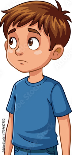 Cartoon Boy with Brown Hair and Blue Shirt Looking Anxiously Upward