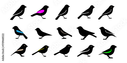 A set of black flying bird silhouettes.  silhouettes, icon, animals, seagull, dove, pigeon, collection, sea, gull