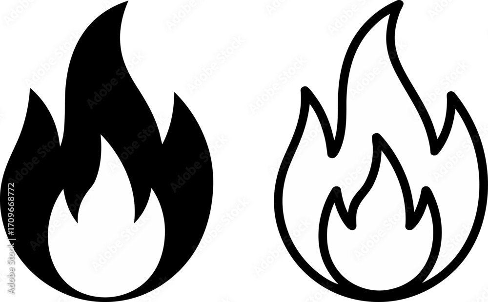 Fototapeta premium Two stylized flame icons, one solid black and the other outlined in black, representing fire.