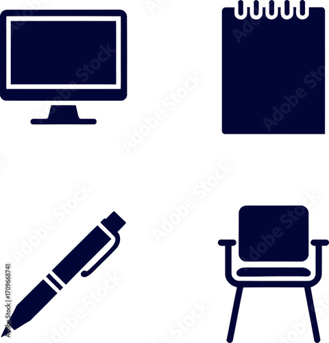 A collection of four dark blue icons representing office supplies and furniture: a computer monitor, a notepad, a pen, and a chair.