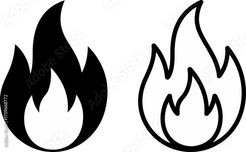 Two stylized flame icons, one solid black and the other outlined in black, representing fire.