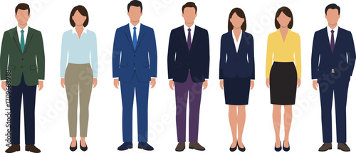 Business professionals team illustration, diverse corporate group, office teamwork concept, leadership, collaboration, workplace diversity, modern business attire, professional colleagues