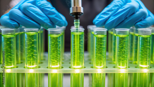 algae biofuel production Laboratory hands conducting an experiment with green liquid in test tubes.