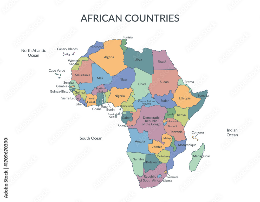 Fototapeta premium Territory borders of African countries in flat style isolated on white background. Vector cliparts. 
