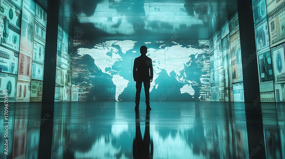 Fototapeta premium Man standing in front of a world map and money displays