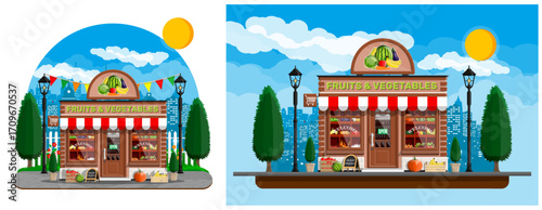 Fruits and vegetables shop building with striped awning. Small business concept. Storefront market with fresh organic produce for healthy diet.