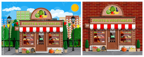 Two storefronts of a fruit and vegetable shop with fresh produce displayed outside, for illustrating local business concepts.