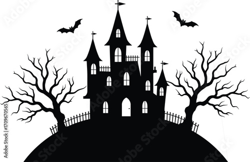 Spooky haunted castle silhouette with eerie leafless trees, flying bats, and creepy fence, perfect Halloween night vector illustration.