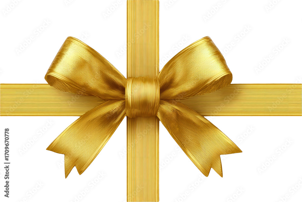 Fototapeta premium Elegant Golden Ribbon Bow Decoration on White Background