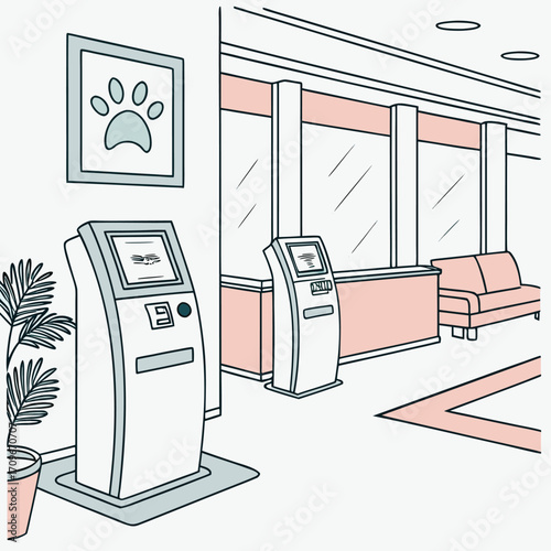  Self-Service Kiosk at Veterinary Clinic Reception Illustration