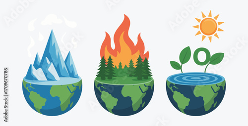 Climate Change: Flat Earth Illustration Showing Melting Ice, Wildfire, and Regeneration.