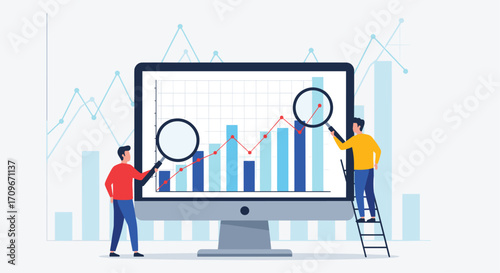 Business growth analysis team inspecting financial data charts on computer screen insightful teamwork