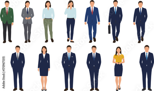Business professionals, corporate team, diverse office workers, formal attire, teamwork, leadership, communication, business meeting, career success, professional lifestyle illustration