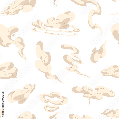 Repeatable pattern of smoke, clouds of fume flying in the air. Endless background of white silhouettes of vapor flow, different shapes of gas, smog, fog, vapour. Flat seamless vector illustration
