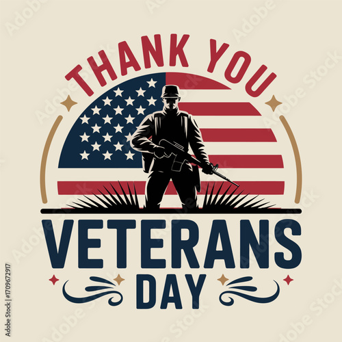 Thank you veterans day badge, saluting figure silhouette, retro circle frame, patriotic stars, gratitude message, vector sticker design
