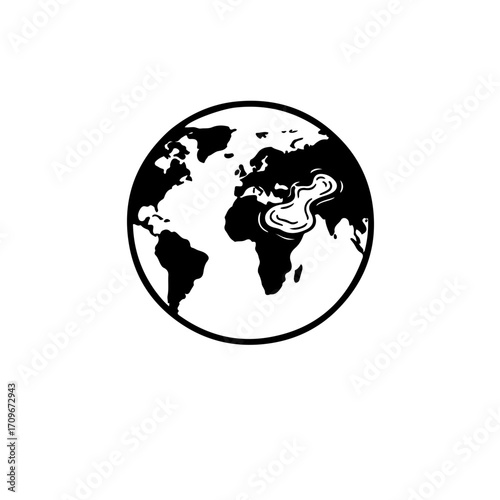 A powerful global icon featuring a map of the Earth where a small negative space forms the silhouette of a water puddle or marshland. related to global conservation, environmental protection, planetar