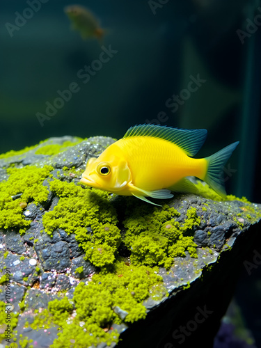 aquarium fish nibbling on an algae-covered rock
