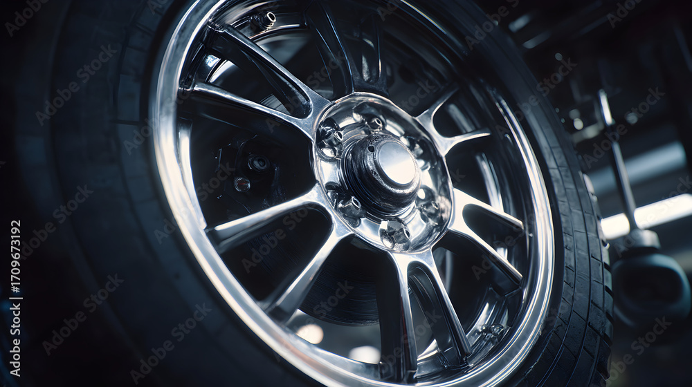 Fototapeta premium Close-up of a shiny car wheel and tire in a workshop setting.