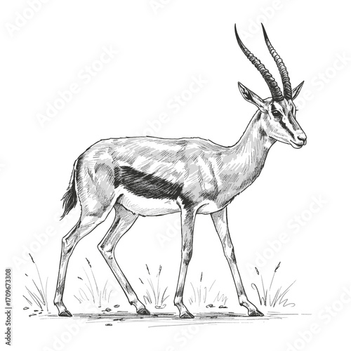 Arabian Gazelle-Gazella arabica. Elegant Gazelle Standing in Profile Hand-Drawn Sketch Illustration
