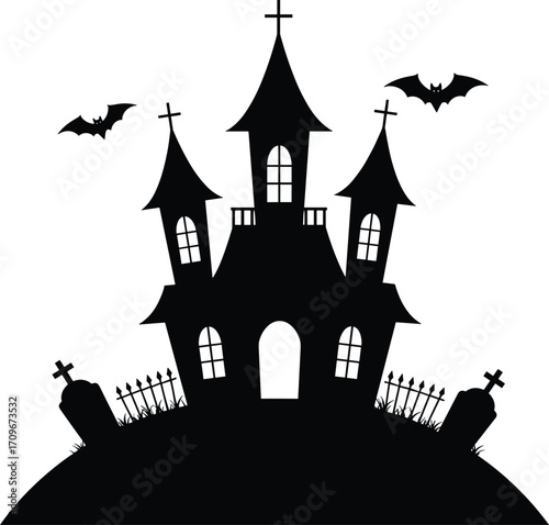 Spooky haunted church silhouette with bats flying, graveyard tombstones, eerie Halloween scene, dark gothic atmosphere, creepy night vector design