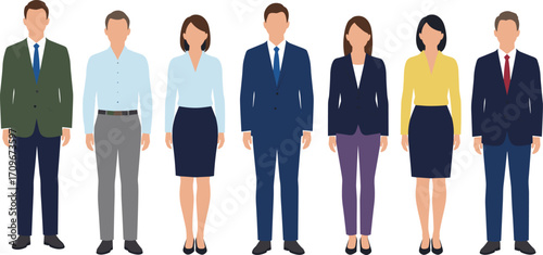 Business team illustration, diverse professionals, corporate group, office attire, teamwork concept, leadership, collaboration, workplace diversity, modern employees, professional colleagues, success