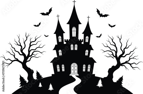 Spooky haunted church with creepy bare trees, flying bats, winding path, and eerie dark silhouette perfect for Halloween horror design.