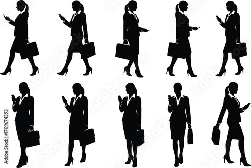Businesswoman silhouette holding smartphone and handbag, professional female executive walking and standing poses, corporate woman mobile technology usage illustration set
