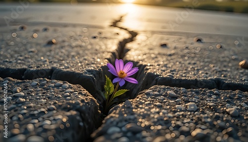 Vibrant purple wildflower growing through crack in grey concrete pavement, illuminated by golden sunlight with hyper-realistic detail and bokeh, symbolizing hope and resilience