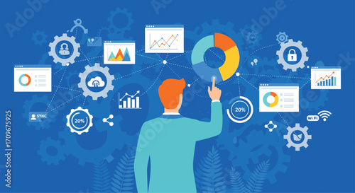 Businessman interacting with futuristic digital interface analytics data visualization technology