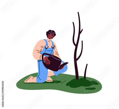 Happy farmer takes care of garden, watering tree sapling. Farm worker is growing plant seedling in park. Black person is farming, landscaping. Flat isolated vector illustration on white background