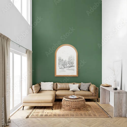 Modern living room with sectional sofa and green accent wall