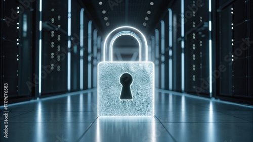 A glowing padlock in a futuristic setting symbolizes security and technology, surrounded by illuminated structures.
