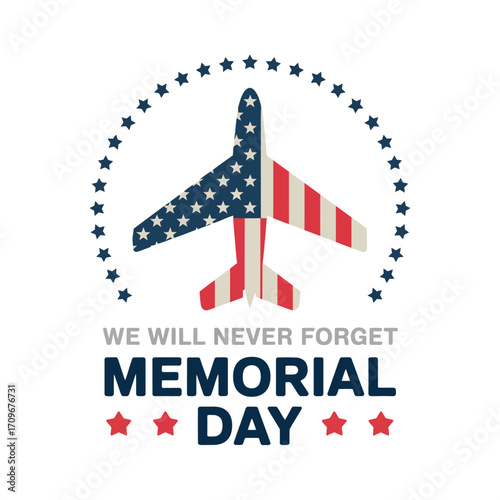Memorial day airplane emblem, star ring frame, flag color accents, remembrance tribute design, military service honor, vector icon