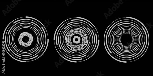 Set of speed lines in circle form. Radial speed Lines in Circle Form for comic books. Technology round Logo. Black thick halftone dotted speed lines.