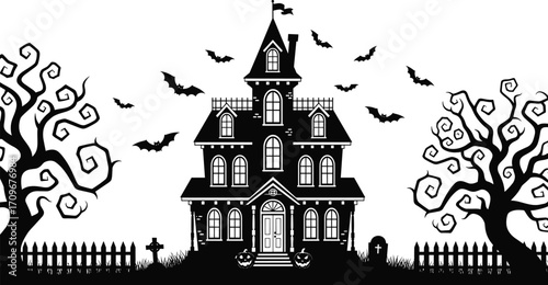 Spooky haunted house illustration with flying bats, twisted trees, jack-o’-lanterns, graveyard, and eerie Halloween atmosphere in black silhouette.